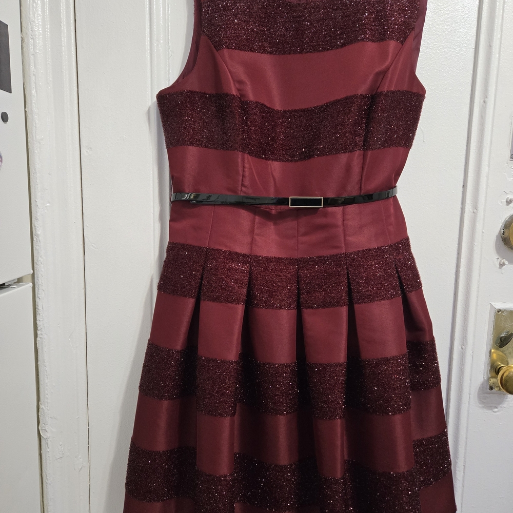 Tommy Hilfiger Elegant Special Ocasions Burgundy Striped Dress with Belt